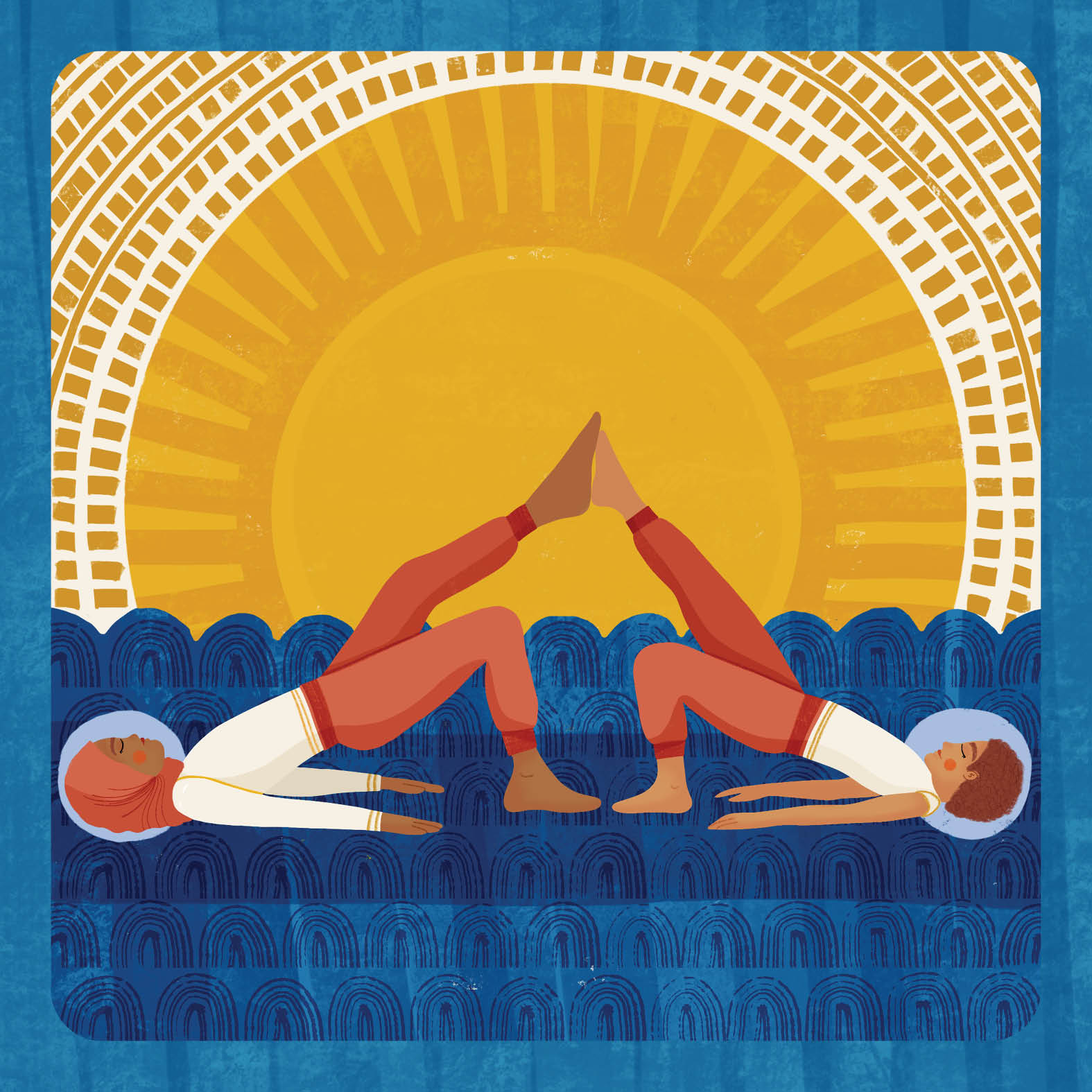 a photo of a child and mother in a single legged bridge pose with their elevated feet touching. in the image they are overlaid over the water and their feet sticking up are like a shark fin. 