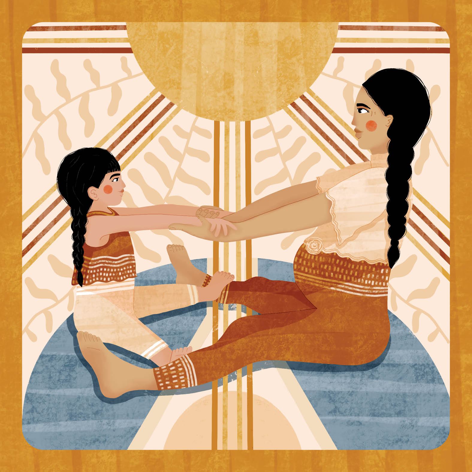 pregnant mother and child holding hands in a seated wide leg fold. they are helping each other stretch and sit tall. the color schema is of the orange fire as well as blue intermixed. 