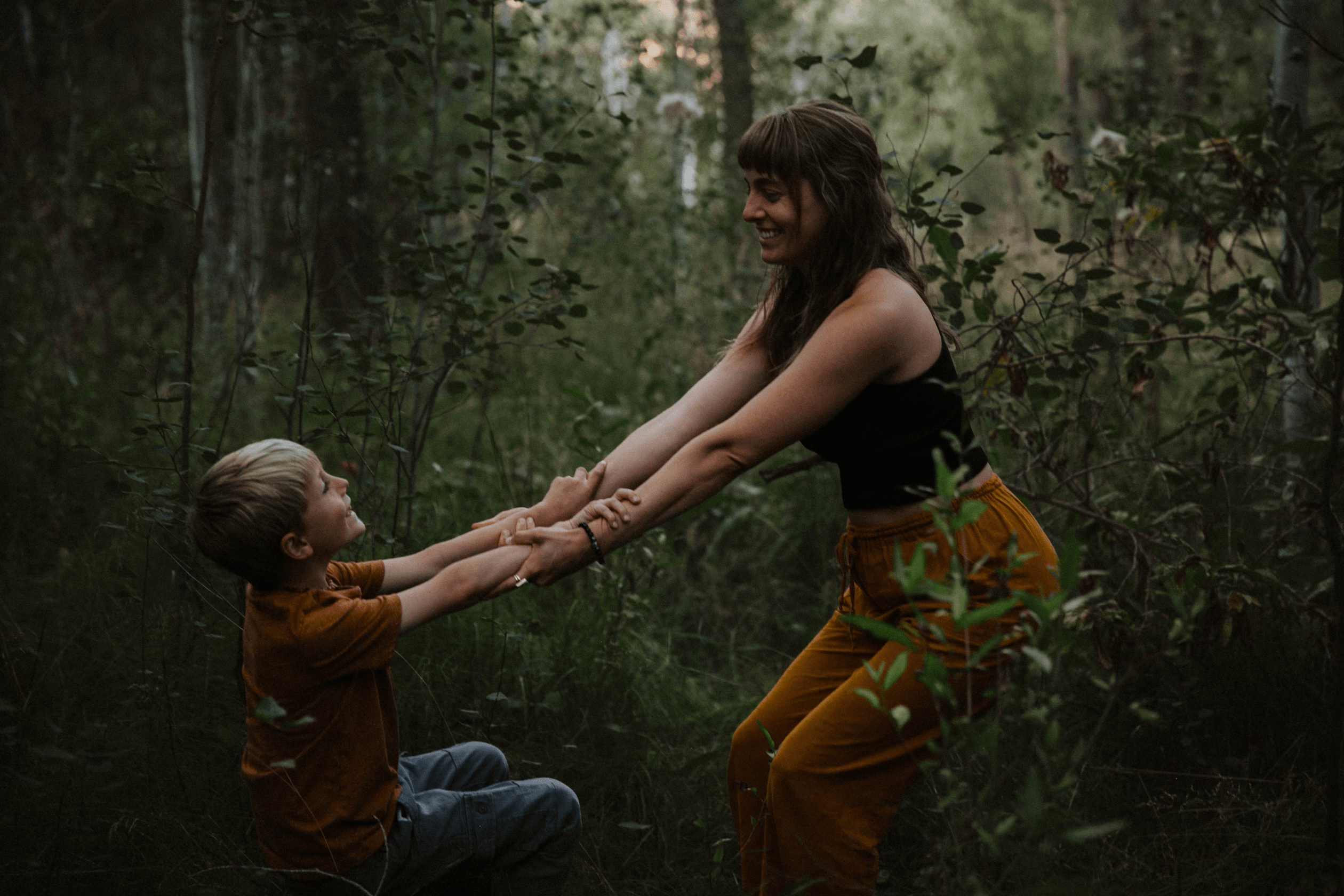 family yoga in the forest
