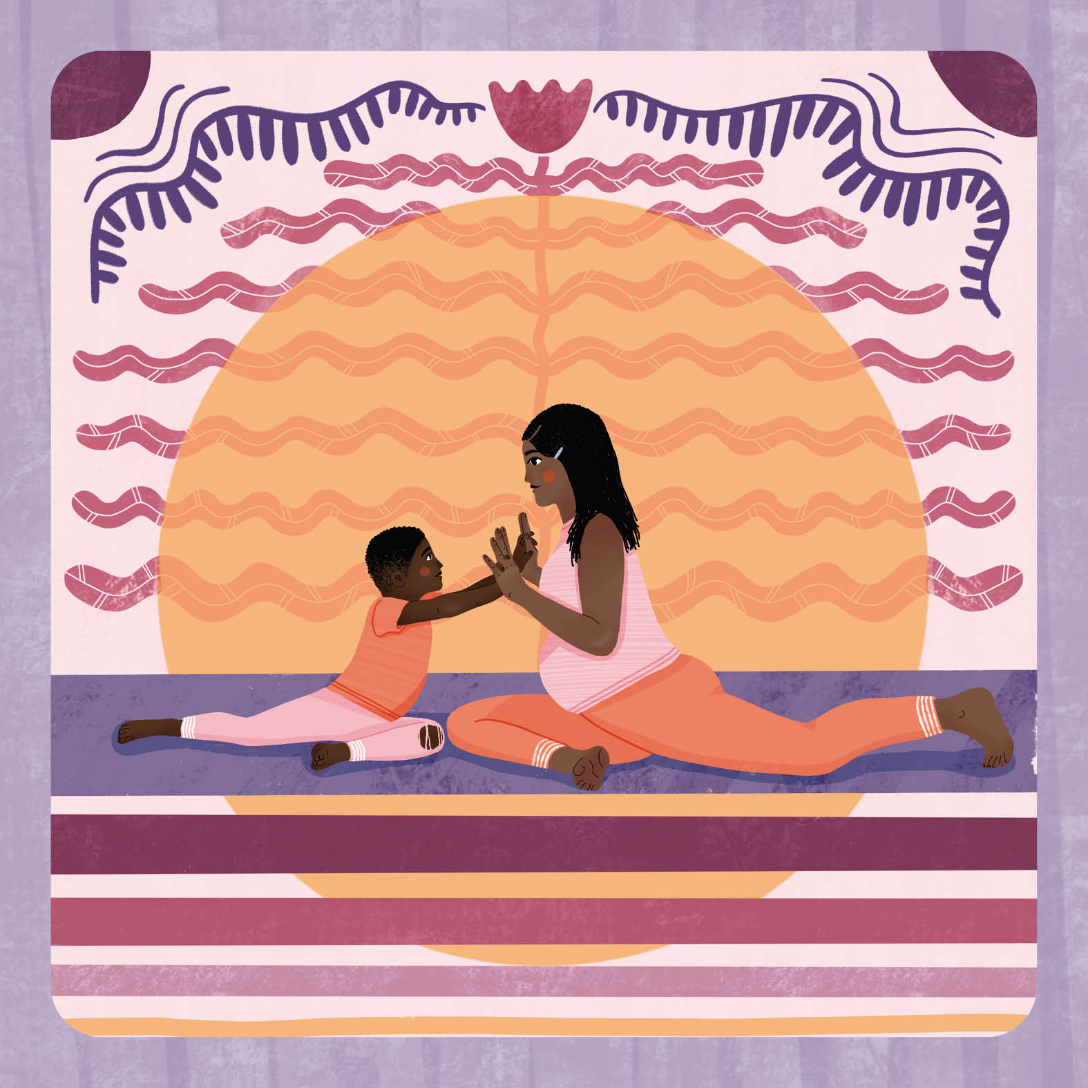 Illustration of a Pregnant Mother and son doing yoga together in pigeon pose with their hands pressed together. Coloration is in pink, purple, and light peach hues. 